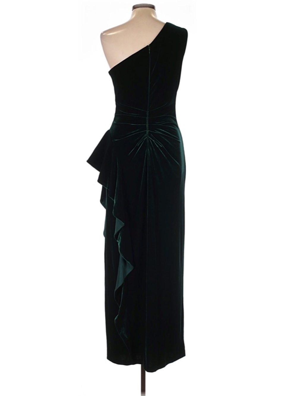 NEW XSCAPE Hunter Green ONE SHOULDER Ruched RUFFLE SIDE Stretch VELVET GOWN 6 - Picture 6 of 12